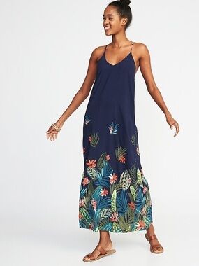Old Navy Navy Tropical Print Sleeveless Floral Maxi Shift Dress for Women Size S